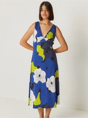 Skunkfunk Blue Floral V-Neck Twist-Front Midi Dress